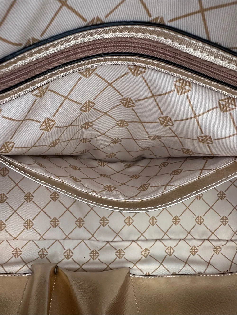 Antonio Melani NWT Metallic Silver Leather Tote Bag Large Shopper Beige Trim